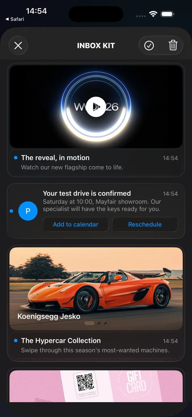 Redesigned Pushwoosh InboxKit for iOS with carousel, video, and Wallet cards