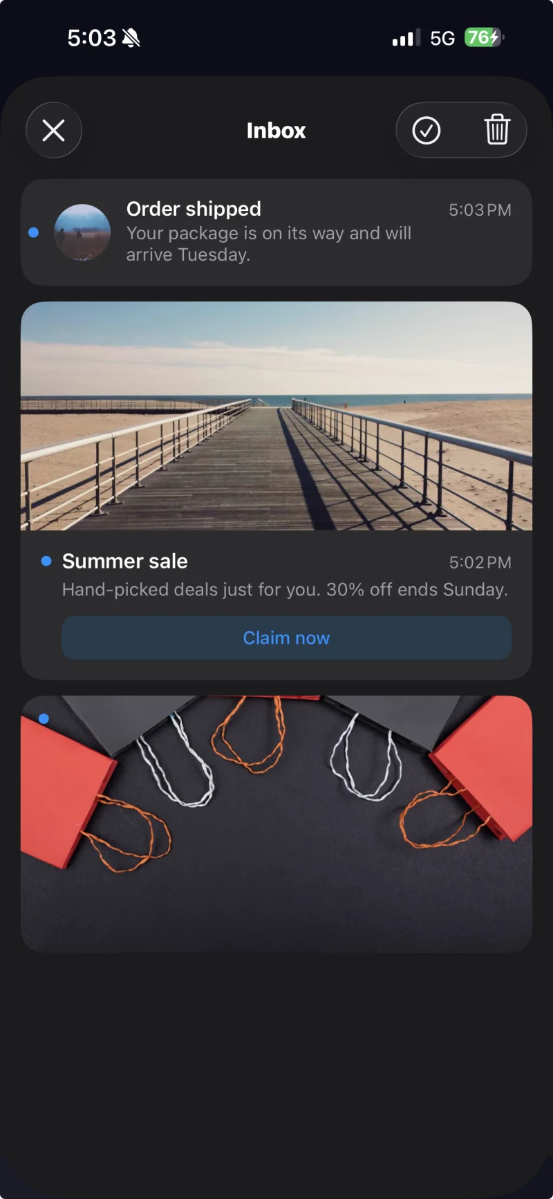 InboxKit feed showing banner, captioned and classic cards with inline buttons and unread indicators