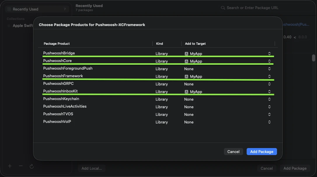Xcode Choose Package Products dialog with PushwooshBridge, PushwooshCore, PushwooshFramework, and PushwooshInboxKit added to the MyApp target