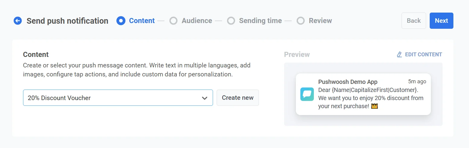 Dropdown-Menü zur Auswahl von Push-Presets mit verfügbaren Preset-Optionen