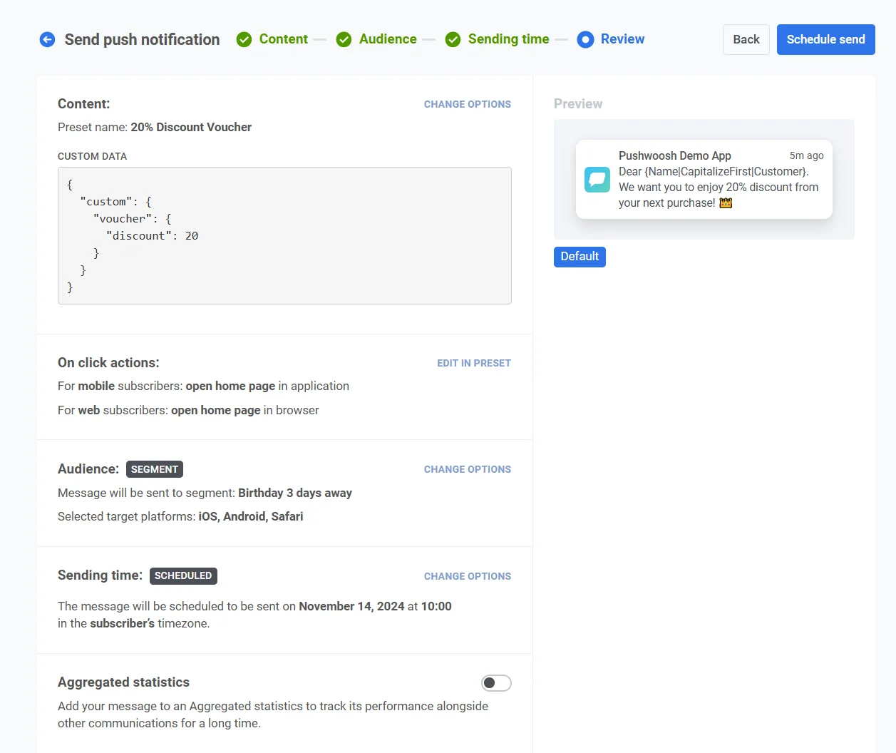 Bildschirm zur Überprüfung und Bearbeitung von Inhalten mit Vorschau der Push-Benachrichtigung und Konfigurationszusammenfassung