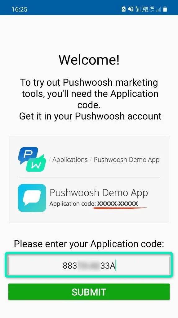 Tela do aplicativo Push On para inserir o código do aplicativo e enviar