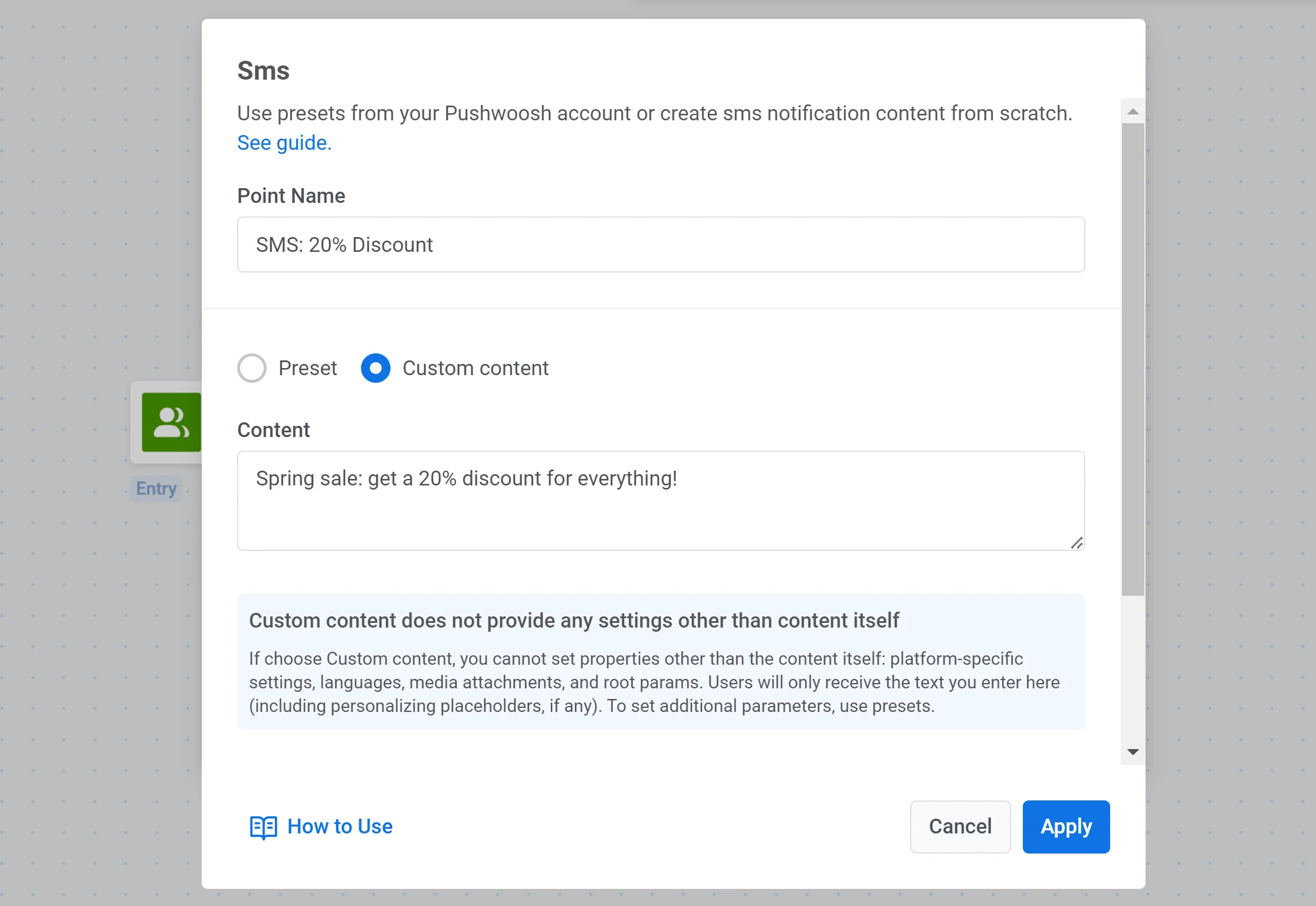 Captura de tela mostrando a configuração do conteúdo do SMS com opções de predefinição e conteúdo personalizado