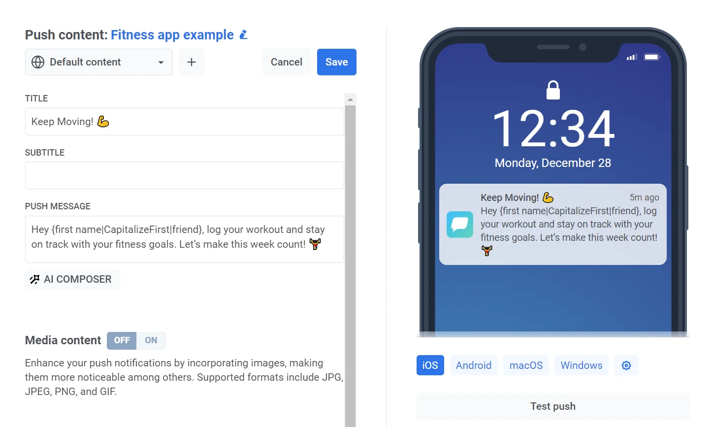 健身应用推送通知预览,包含标题和消息内容