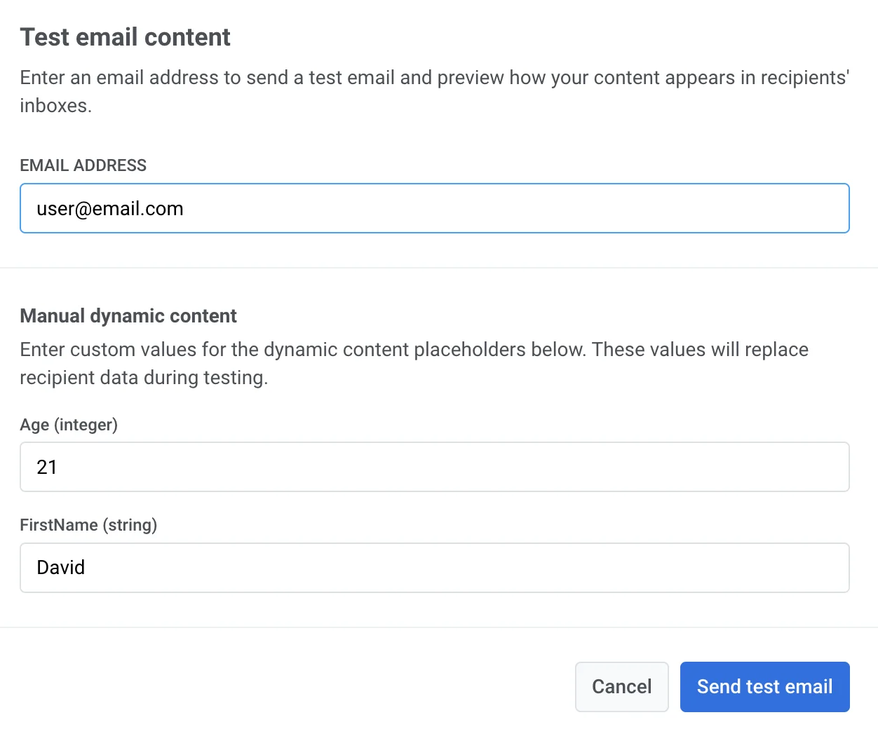 نموذج اختبار البريد الإلكتروني يظهر حقول بيانات العينة وزر إرسال بريد إلكتروني اختباري لتنفيذ الاختبار.