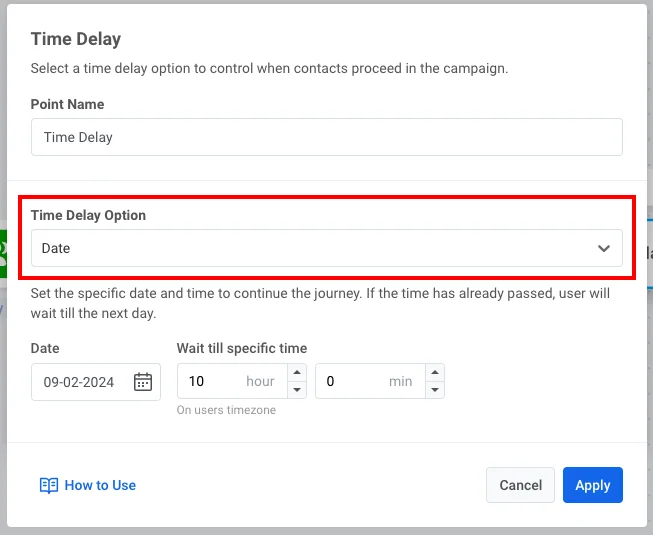 Konfiguration des Time-Delay-Elements mit ausgewählter Option „Date“ für die Planung
