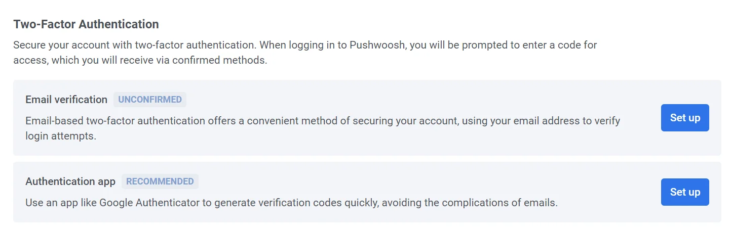 2FA 방법으로 이메일 인증 또는 인증 앱 선택