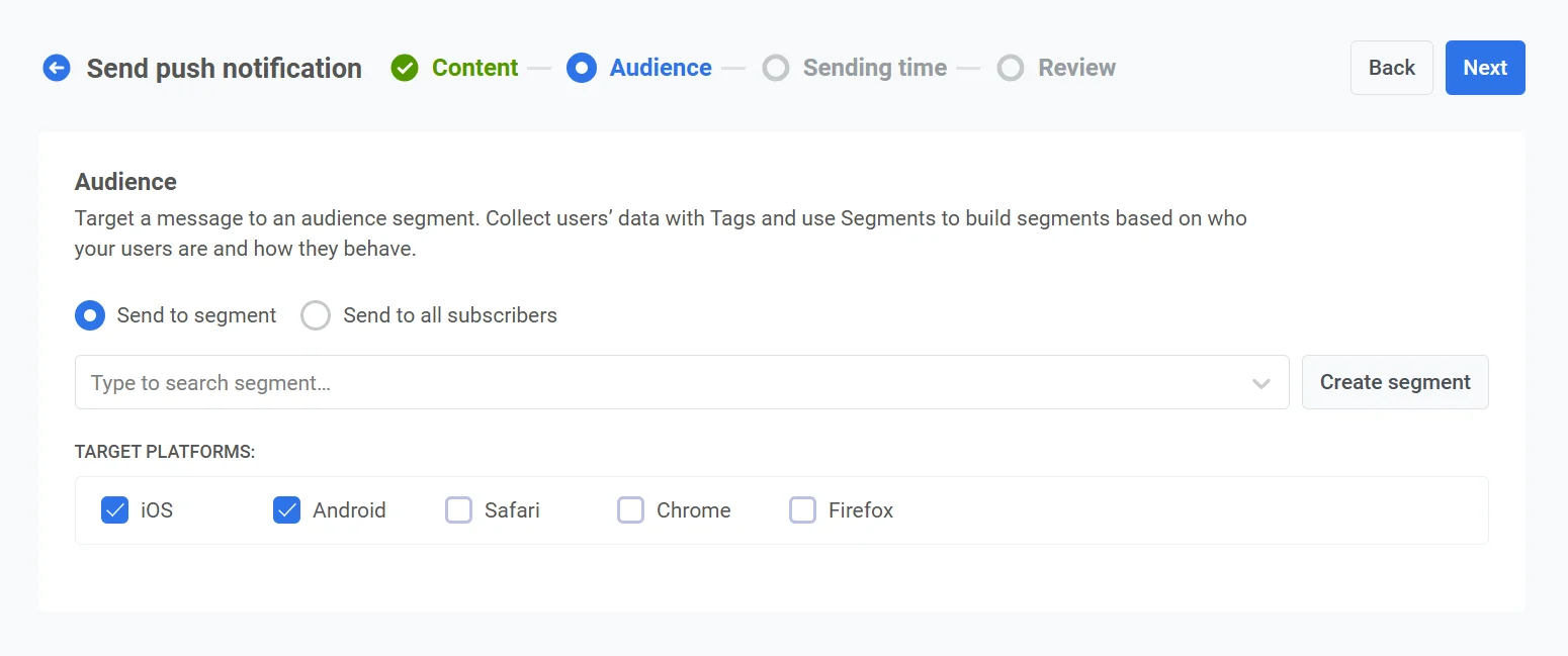 Auswahl der Zielplattformen mit den Optionen iOS, Android, Safari, Chrome und Firefox