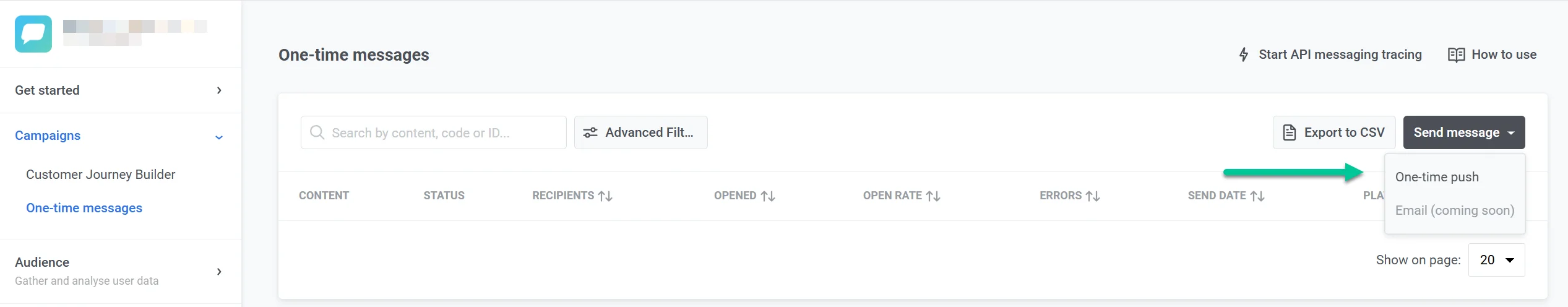Bereich „Campaigns“ mit der Option „One-time messaging“ und der Schaltfläche „Send message“