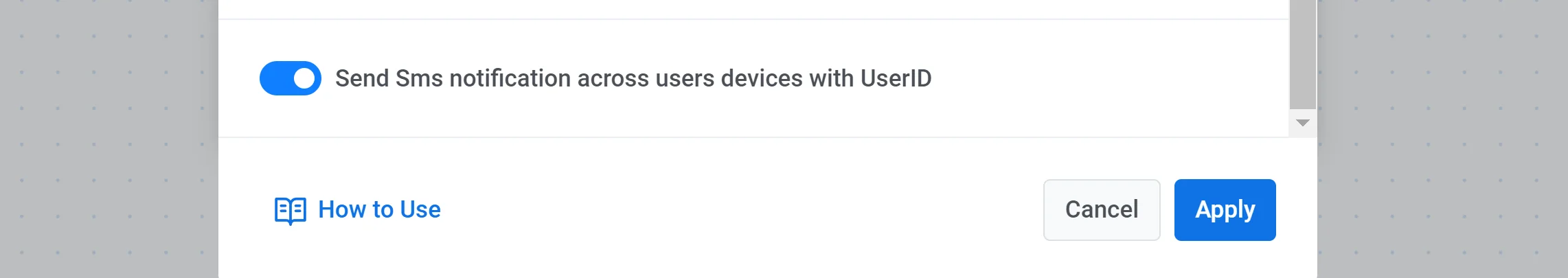 Captura de tela mostrando a opção Enviar notificação por SMS para todos os dispositivos do usuário com UserID