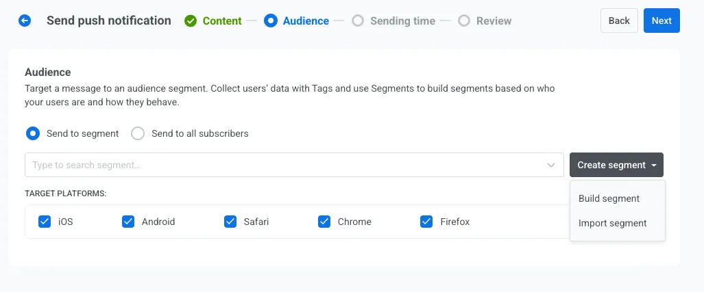Bildschirm zur Zielgruppenauswahl mit der Option „An Segment senden“ und dem Segment-Dropdown