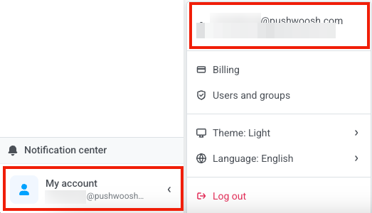 My account sidebar link and the resulting profile menu, with the account row that leads to Account settings both highlighted
