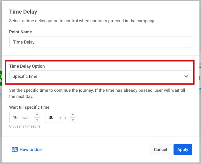 Konfiguration des Time-Delay-Elements mit ausgewählter Option „Specific time“