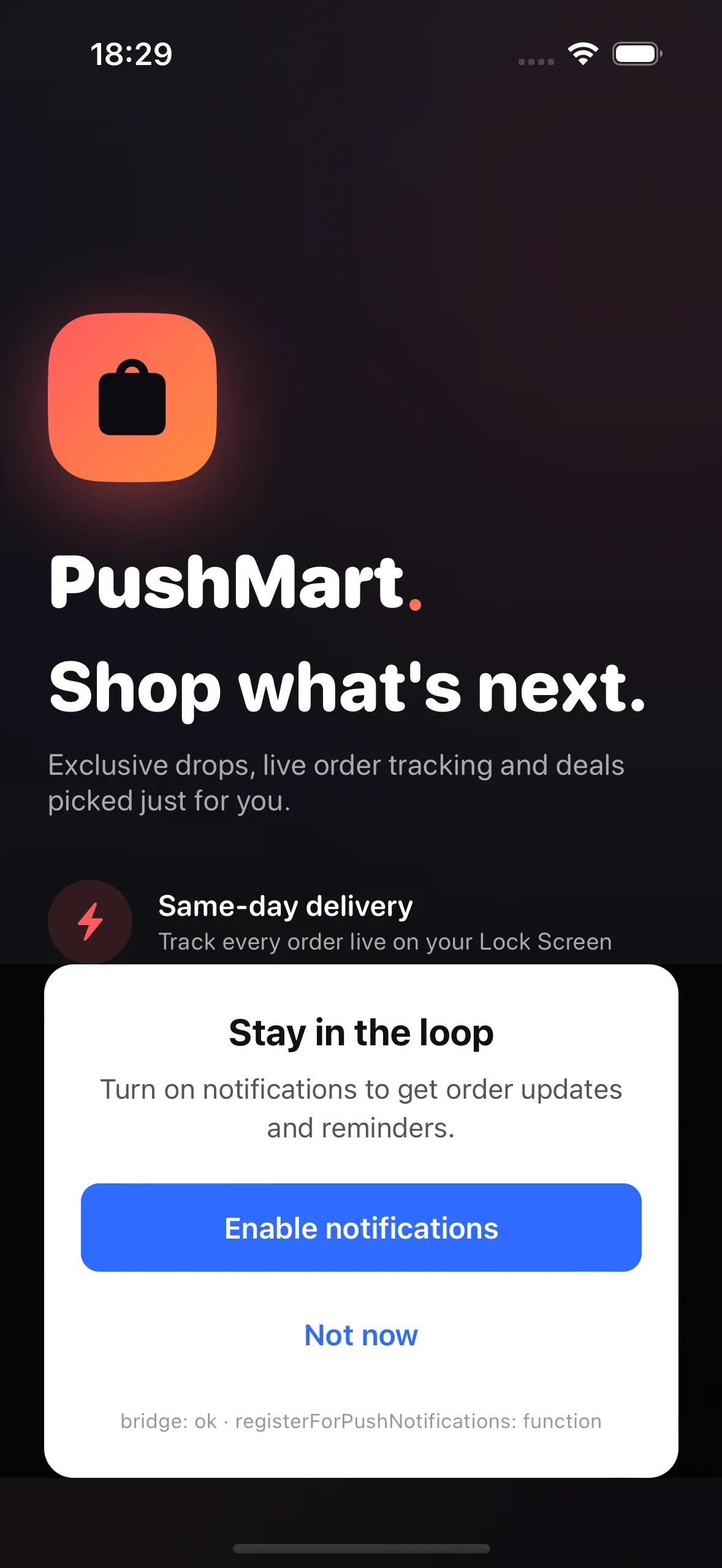 Pre-permission in-app bottom sheet with Enable notifications and Not now buttons, shown over the app screen on iOS