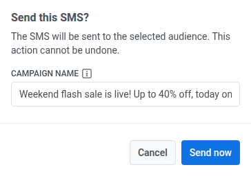 Diálogo de confirmación Send this SMS con el campo Campaign name precargado desde el texto del preset de SMS