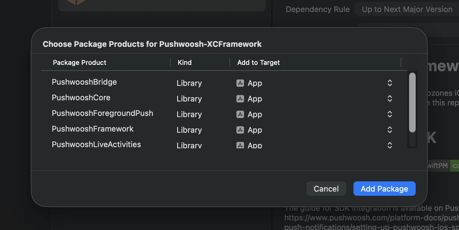 Swift Package Manager에서 PushwooshForegroundPush 추가하기