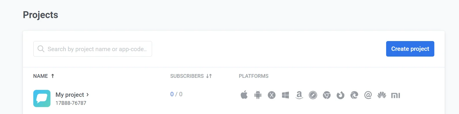 Painel da Pushwoosh mostrando o projeto padrão Meu projeto que foi criado automaticamente após o registro.