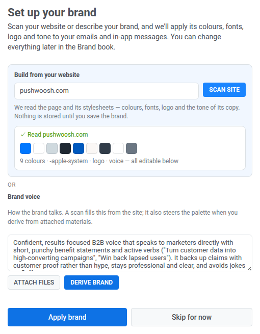 Шаг Set up your brand после сканирования pushwoosh.com: сводка сканирования с девятью образцами цветов, шрифтом, логотипом и тегами голоса бренда, заполненное поле Brand voice и кнопки Apply brand и Skip for now.