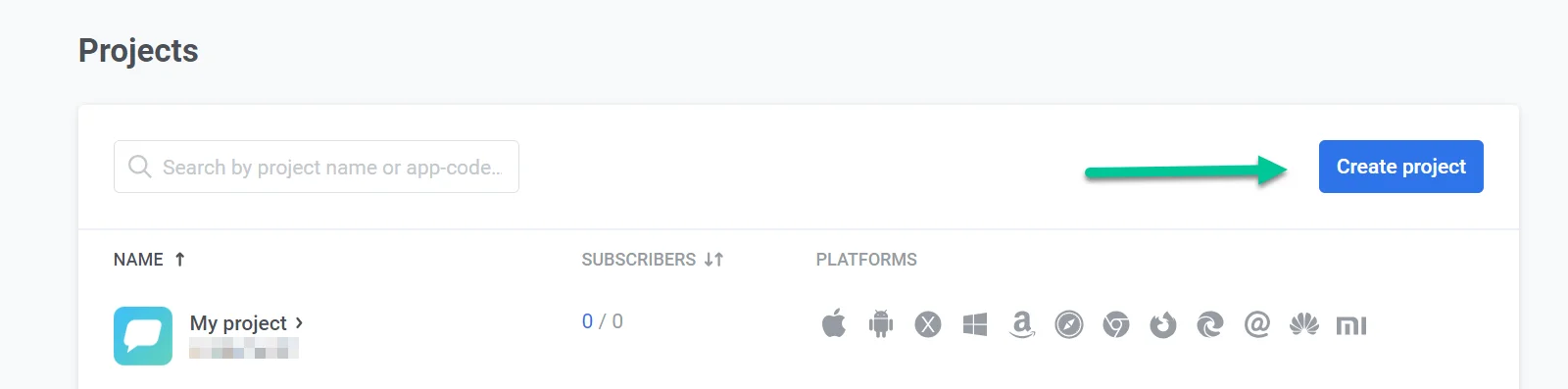 Seção de Projetos na Pushwoosh mostrando o botão Criar projeto para adicionar um novo projeto.
