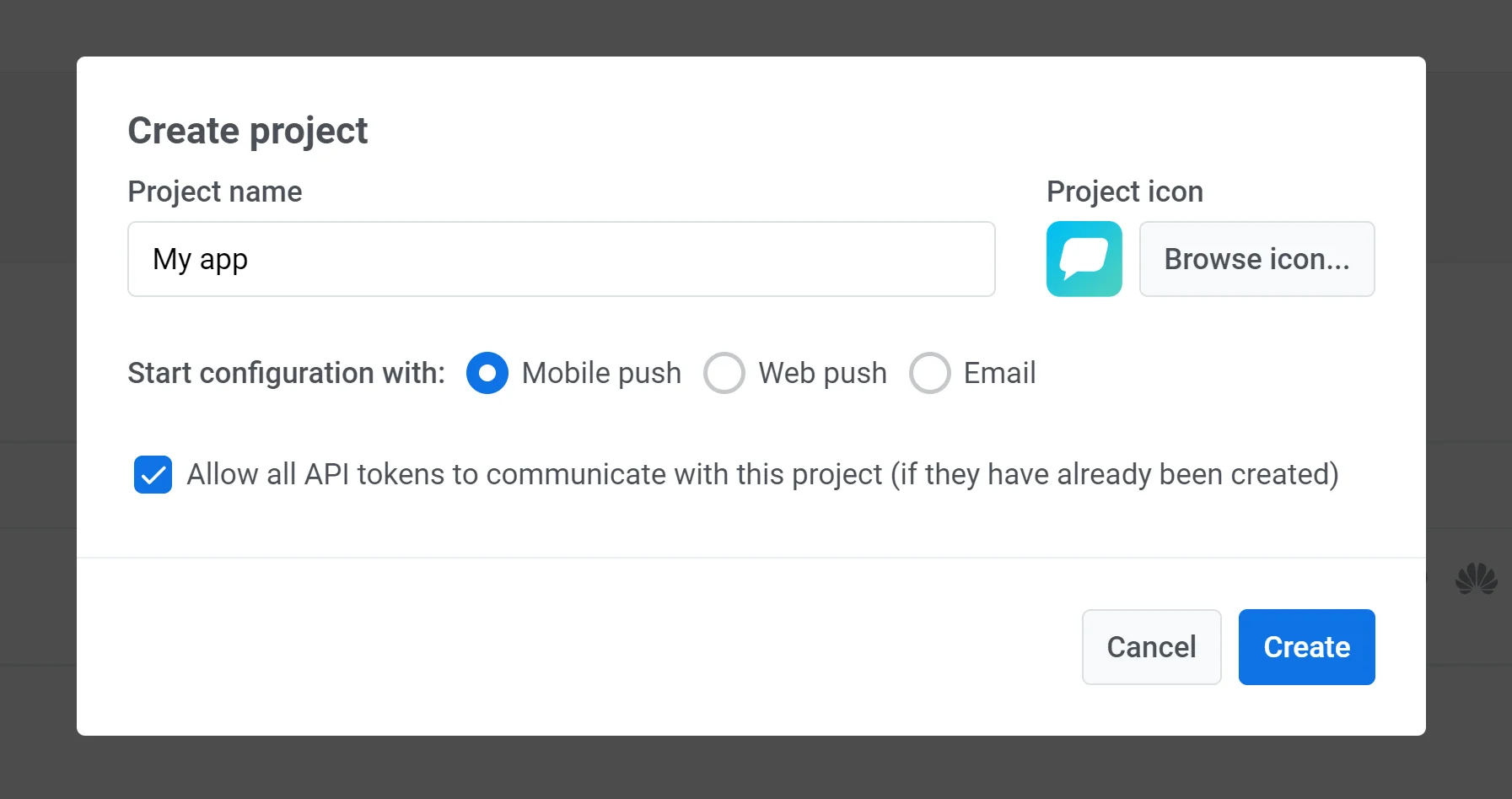 Formulário de criação de projeto mostrando o campo de nome do projeto e as opções de configuração inicial para Push móvel, Push web ou E-mail.
