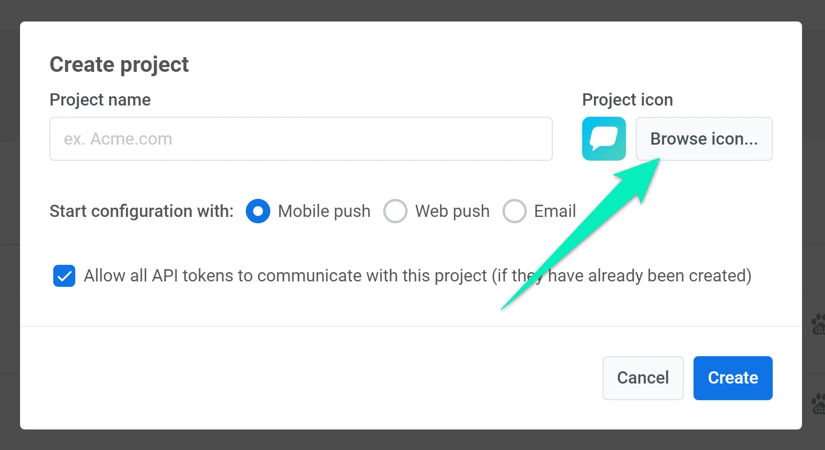 Interface de upload de ícone para adicionar um ícone de aplicativo personalizado para aparecer nas notificações push.