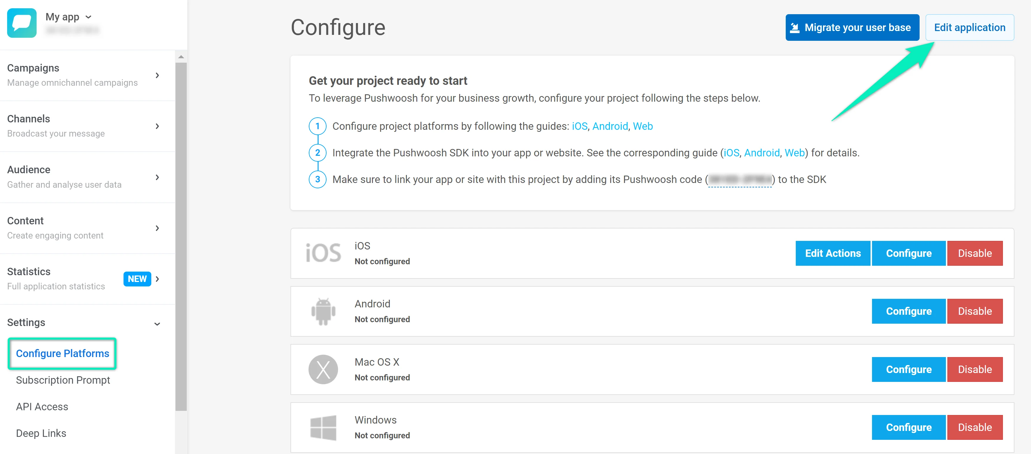 Seção Configurar Plataformas mostrando o botão Editar aplicativo para acessar as configurações e opções de configuração do projeto.