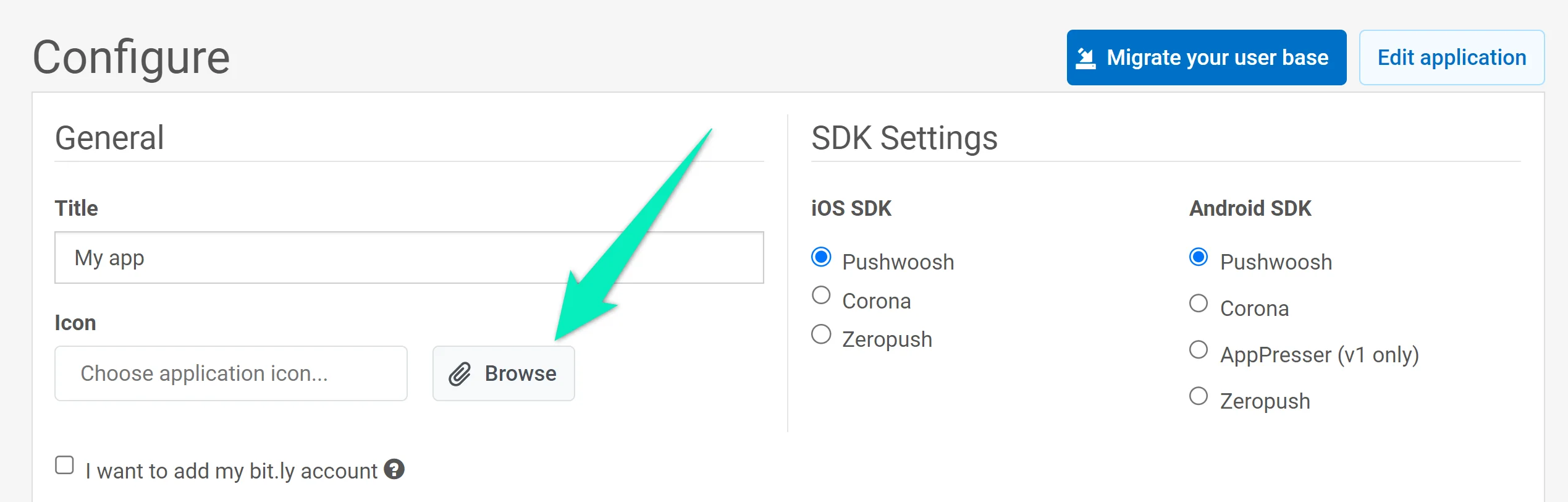 Página de configurações do projeto mostrando o botão Procurar para carregar ou alterar o ícone do aplicativo exibido nas notificações push.
