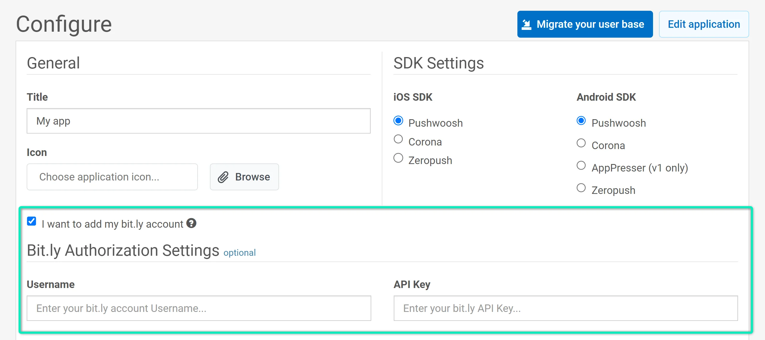 Seção de configuração da conta Bit.ly mostrando a caixa de seleção para autorizar a Pushwoosh a encurtar links usando sua conta bit.ly.