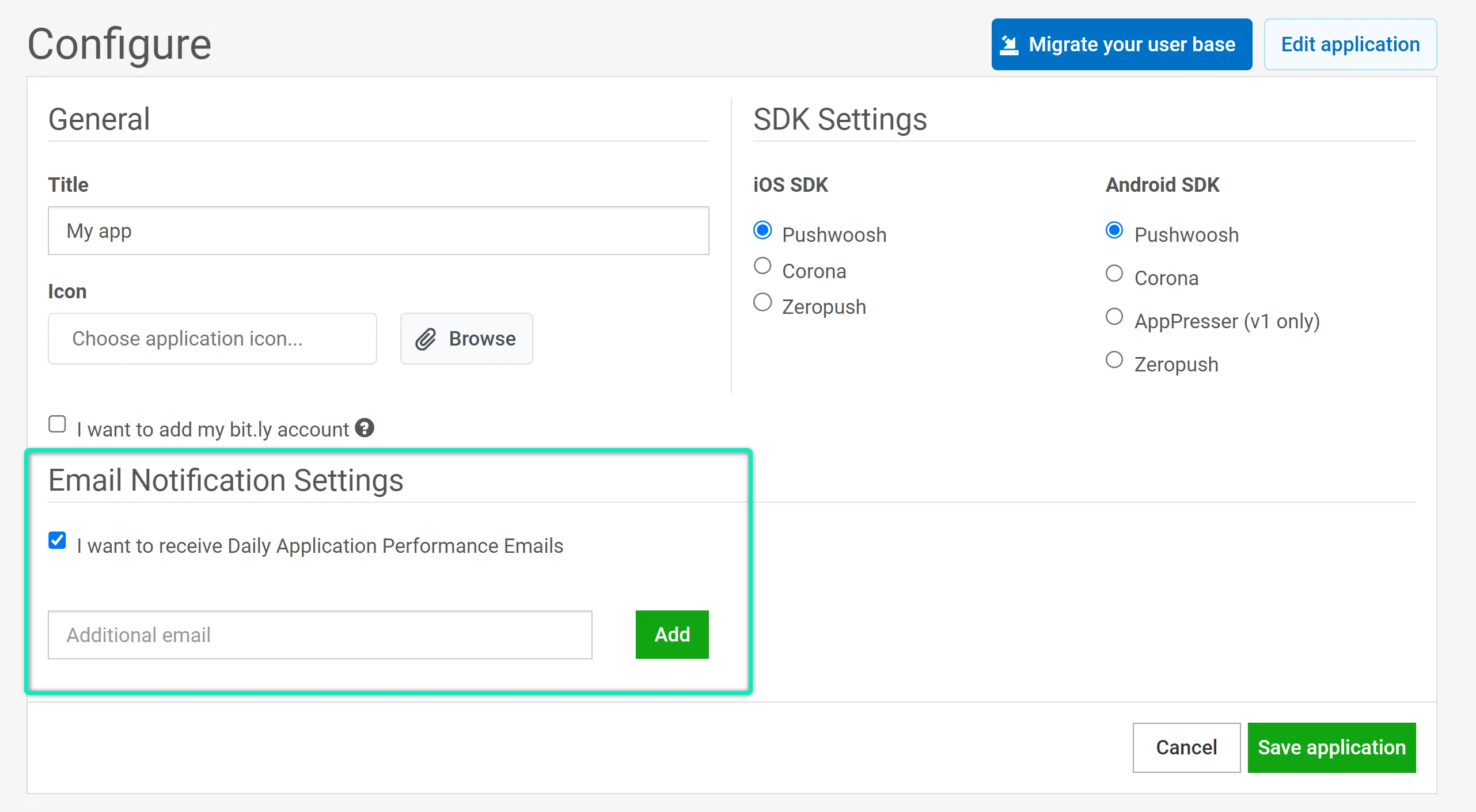 Configurações de E-mails Diários de Desempenho do Aplicativo mostrando opções de inscrição e configuração de e-mail para relatórios de desempenho.
