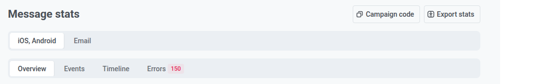Message stats com uma linha de abas de canal acima de Overview, Events, Timeline e Errors