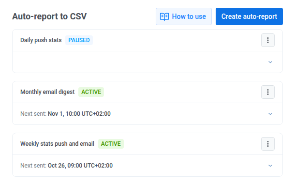 Auto-report to CSV drawer with How to use and Create auto-report buttons and three report cards, one paused and two active