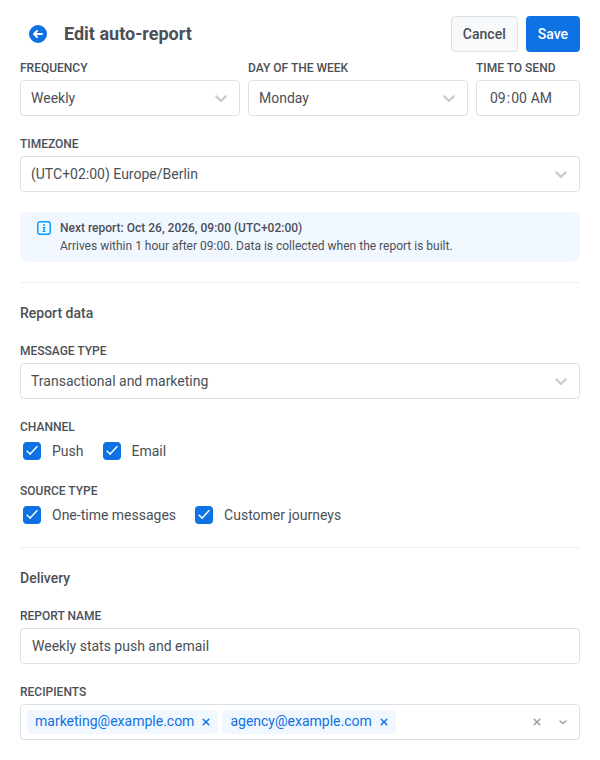 Edit auto-report form with weekly frequency, Monday at 09:00, timezone, message type, channel, source type, name, and recipients