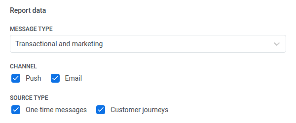 Report data section with Message type Transactional and marketing, Push and Email selected, and One-time messages and Customer journeys selected