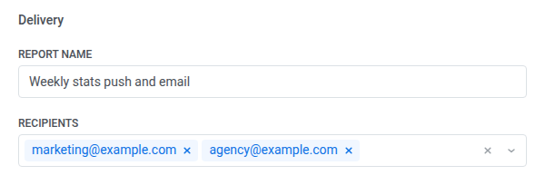 Delivery section with the report name Weekly stats push and email and two recipients, marketing@example.com and agency@example.com