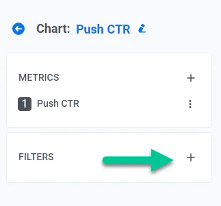 플랫폼, 푸시, 이메일, 캠페인, 통합 메시지, 세그먼트를 포함한 새로운 필터 옵션을 추가하기 위한 플러스 아이콘 버튼이 있는 필터 섹션