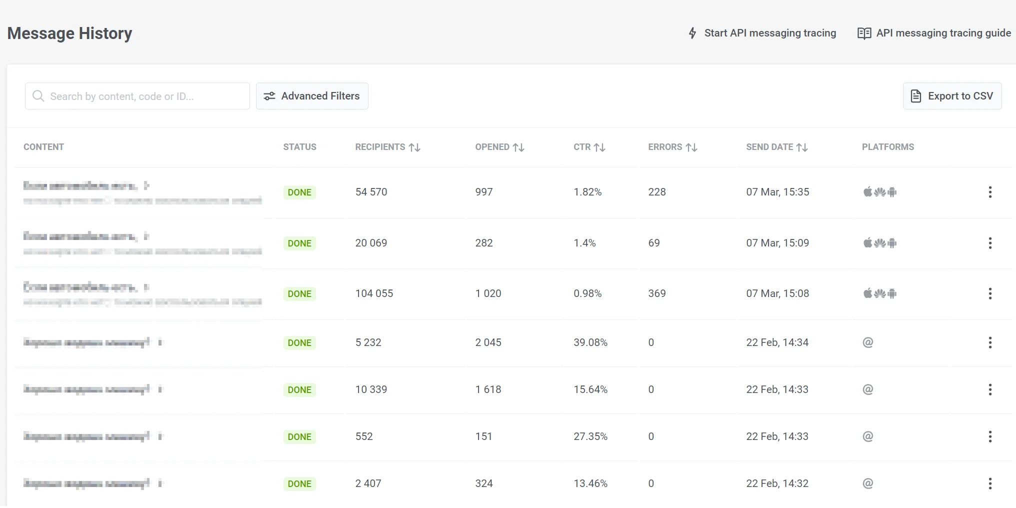 বার্তার ইতিহাসের টেবিল যা পুশ নোটিফিকেশন এবং ইমেলের তালিকা দেখাচ্ছে, সাথে সার্চ বার, এবং প্রাপক, খোলা হয়েছে, CTR, ত্রুটি, এবং পাঠানোর তারিখের জন্য সাজানো কলাম