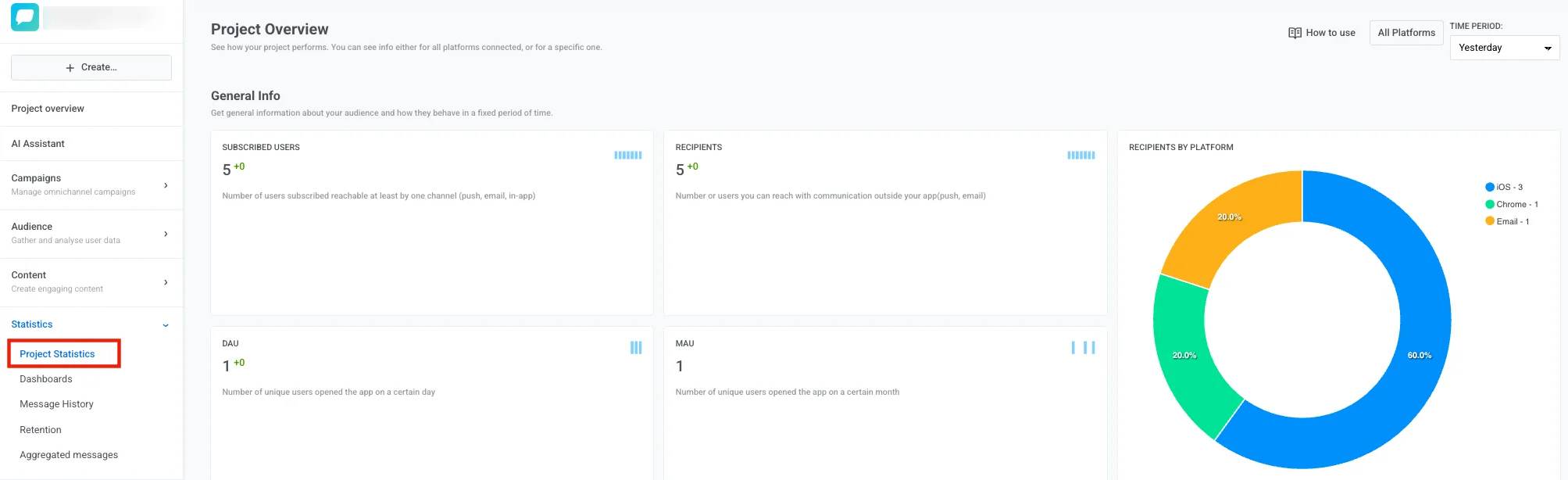 项目概览统计仪表板,显示营销活动表现、受众互动和消息统计的全面指标