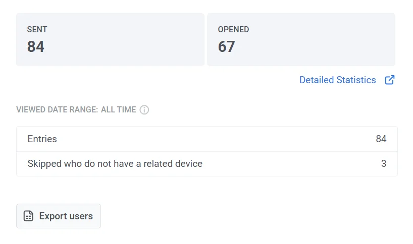 Janela de estatísticas detalhadas para notificação push mostrando o total de mensagens enviadas, abertas, entradas e usuários que pularam