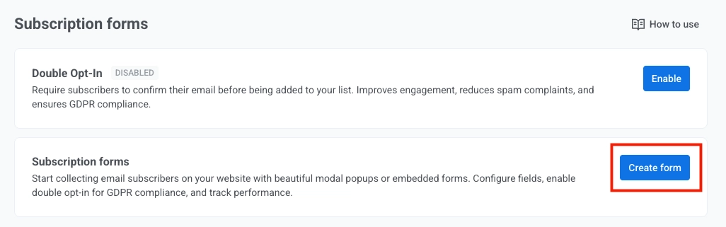 Subscription forms page with Double Opt-In and Subscription forms cards, How to use link, and Create form button