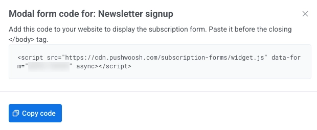 Modal form code dialog with script snippet, instruction to paste before closing body tag, and Copy code button