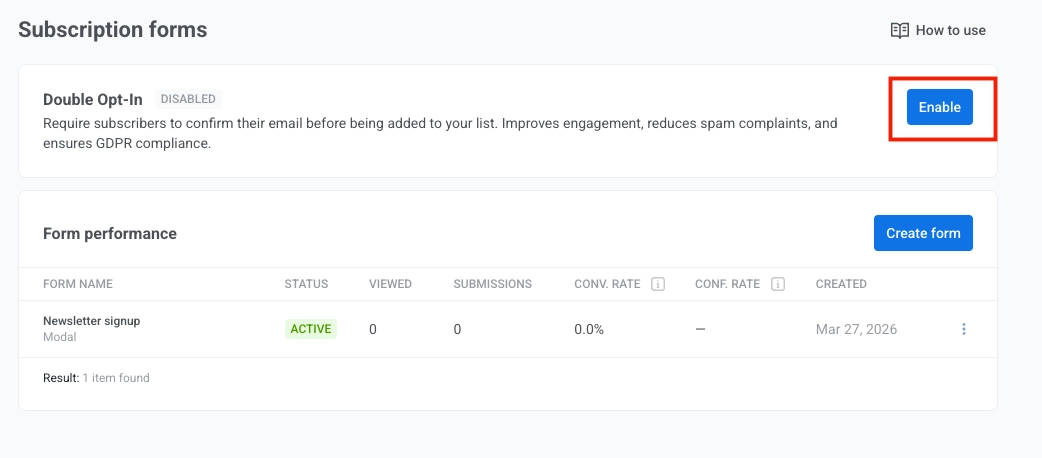 Subscription forms page showing Double Opt-In card with Enable control and subscription forms area