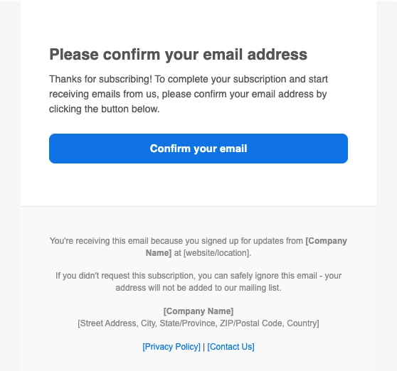 Double opt-in confirmation email in Unlayer editor with subject, body, Confirm your email button, and button settings panel