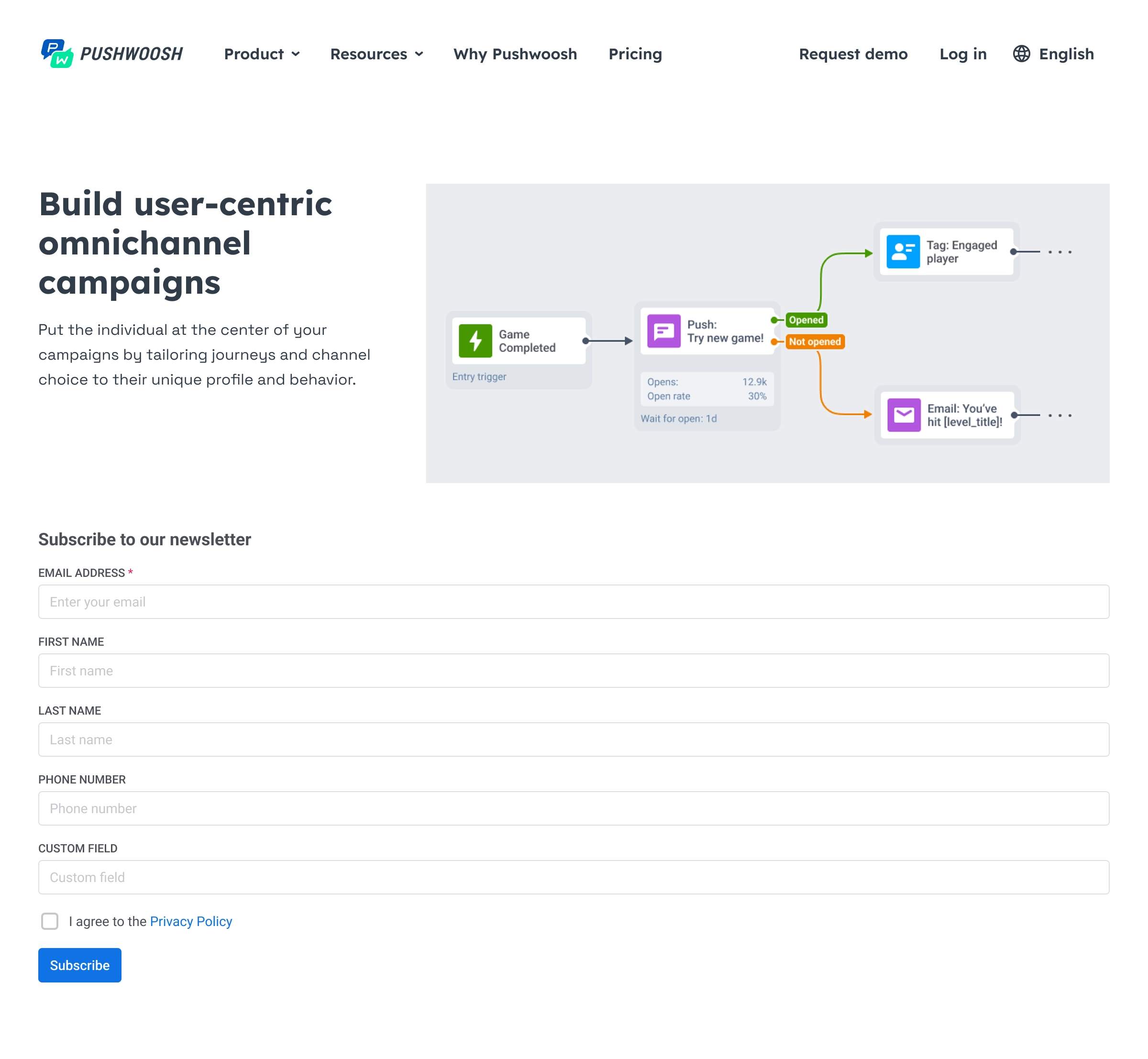 Inline newsletter signup form in page body with email, name, phone fields, privacy checkbox, and Subscribe button