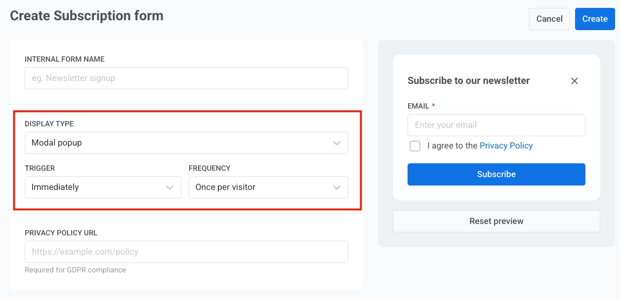 Create Subscription form with Modal popup display type, Trigger and Frequency dropdowns, and Add field buttons