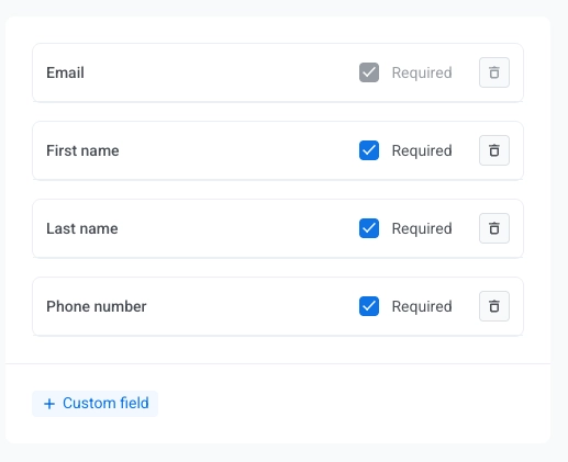 Form fields list with Email, First name, Phone number, Last name, City and field configuration for selected field
