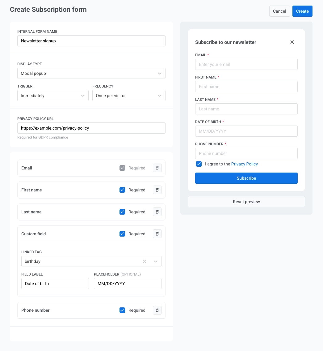 Create Subscription form with live preview on the right, Reset preview, and Create button in the top right