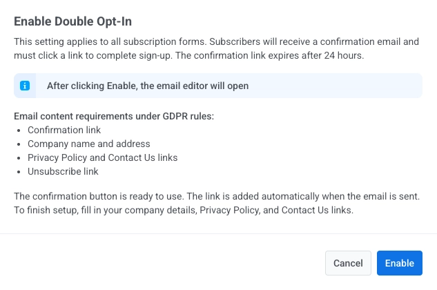 Enable Double Opt-In modal with description, consent-related information, and Enable button