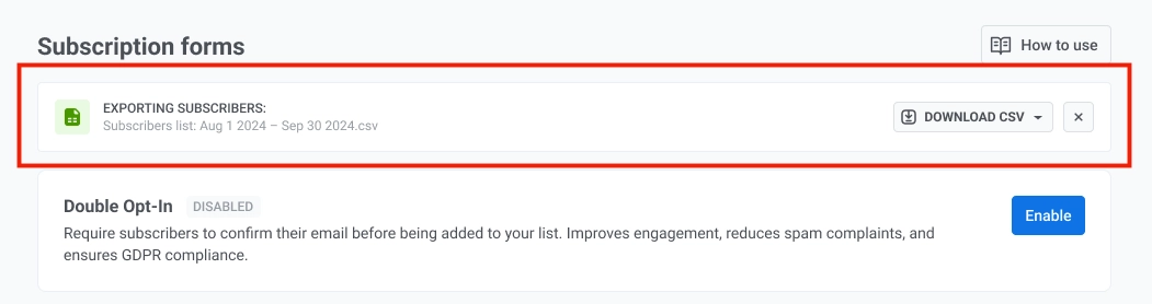 Export subscribers dialog with Filter options, date range selector, and Export button