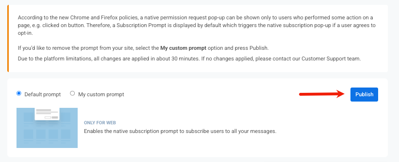 Saving and publishing subscription prompt changes