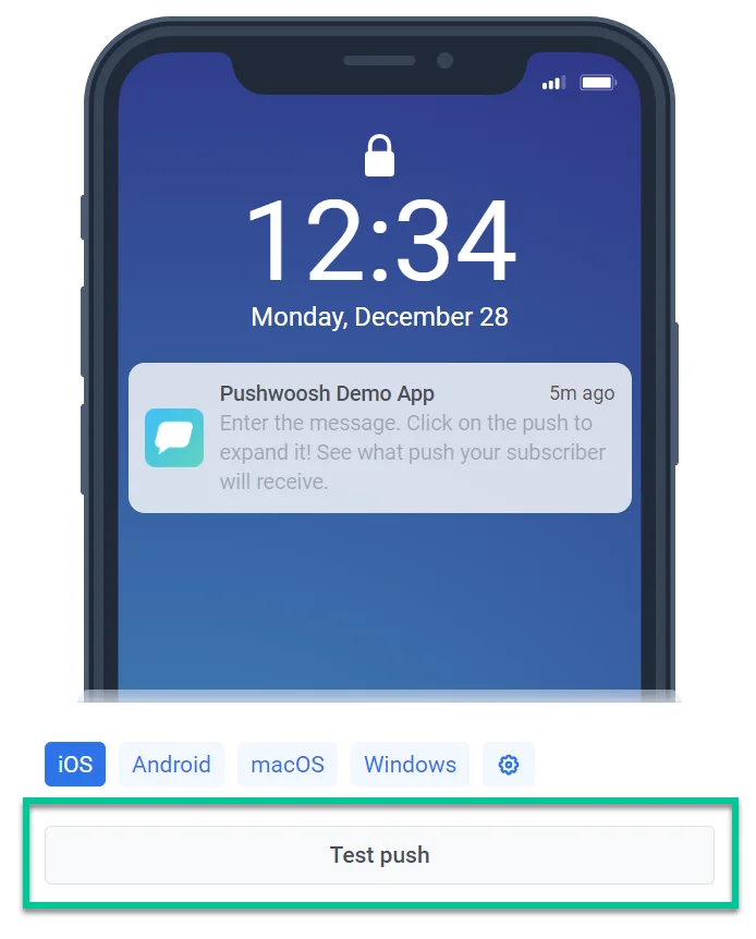 واجهة محرر محتوى الإشعارات الفورية تظهر زر اختبار الإشعار الفوري لمعاينة الإشعارات على الأجهزة الاختبارية.